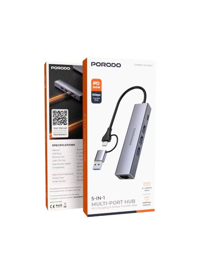 بورودو موزع متعدد المنافذ 5 في 1 مزود بمنافذ RJ45 وUSB-C وثلاثة منافذ USB 3.0، يدعم توصيل الطاقة بقدرة 100 واط، هيكل من سبائك الألومنيوم، توافق عالمي، تصميم سهل الاستخدام - رمادي - Image 4